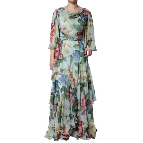 Dolce & Gabbana Blue Floral Print Tiered Long Maxi Women's Dress (Pre-Owned)